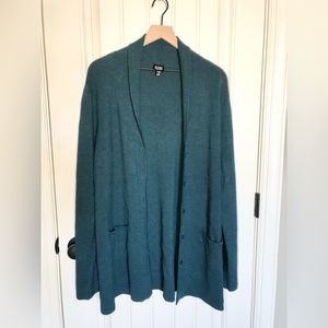 Eileen Fisher emerald green long waterfall open silk cardigan- size L